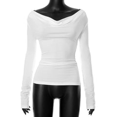 Self tie backless off shoulder ruched long sleeve solid top