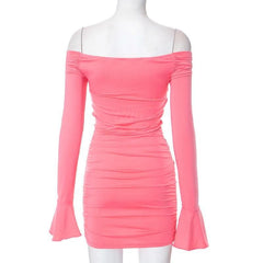 Flower applique hollow out ruched long flared sleeve cut out mini dress-final-sale