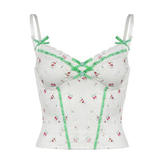 Flower print lace hem bowknot cami top