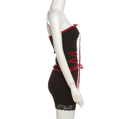 Lace up contrast lace hem bowknot backless tube mini dress-final-sale