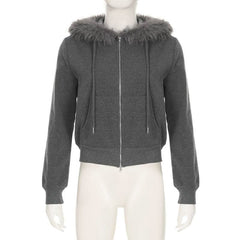 Hoodie long sleeve fluffy zip-up coat top