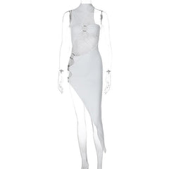 One shoulder high neck o ring irregular midi dress