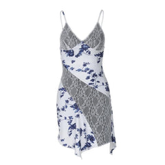 Lace v neck print patchwork ruffle cami mini dress