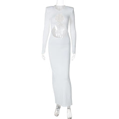 Long sleeve crewneck padded hollow out slit cut out maxi dress