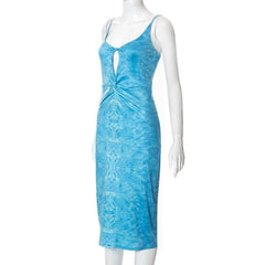 Ruched knotted slit print hollow out backless cami cut out midi dress-final-sale