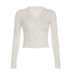 Long sleeve textured flower print button lace hem top