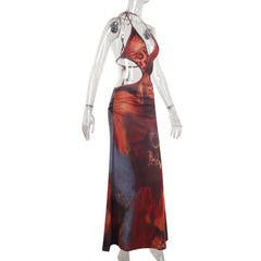 Halter self tie deep V neck leopard print maxi dress