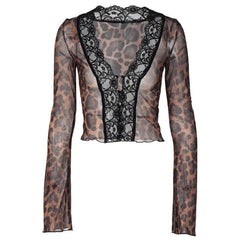 Long flared sleeve print lace hem button see through top