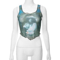 Sheer mesh u neck see through print sleeveless ruffle crop top-final-sale