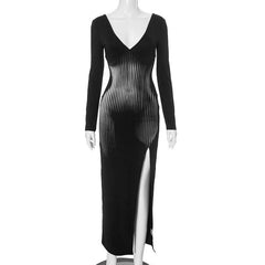 Slit long sleeve deep V neck print backless maxi dress