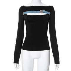 Long sleeve off shoulder buckle hollow out contrast cut out top