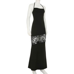 Square neck self tie halter lace slit maxi dress