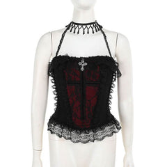 Halter lace hem cross pattern ruffle top