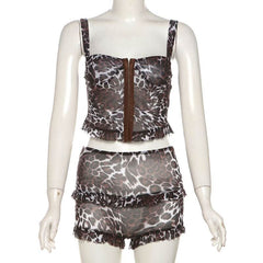 Leopard print mesh button cami short pant set