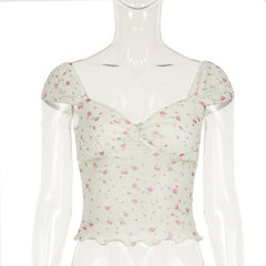 Short puff sleeve rose print lace hem ruched top