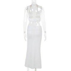 Halter hollow out slit self tie irregular cut out midi skirt set