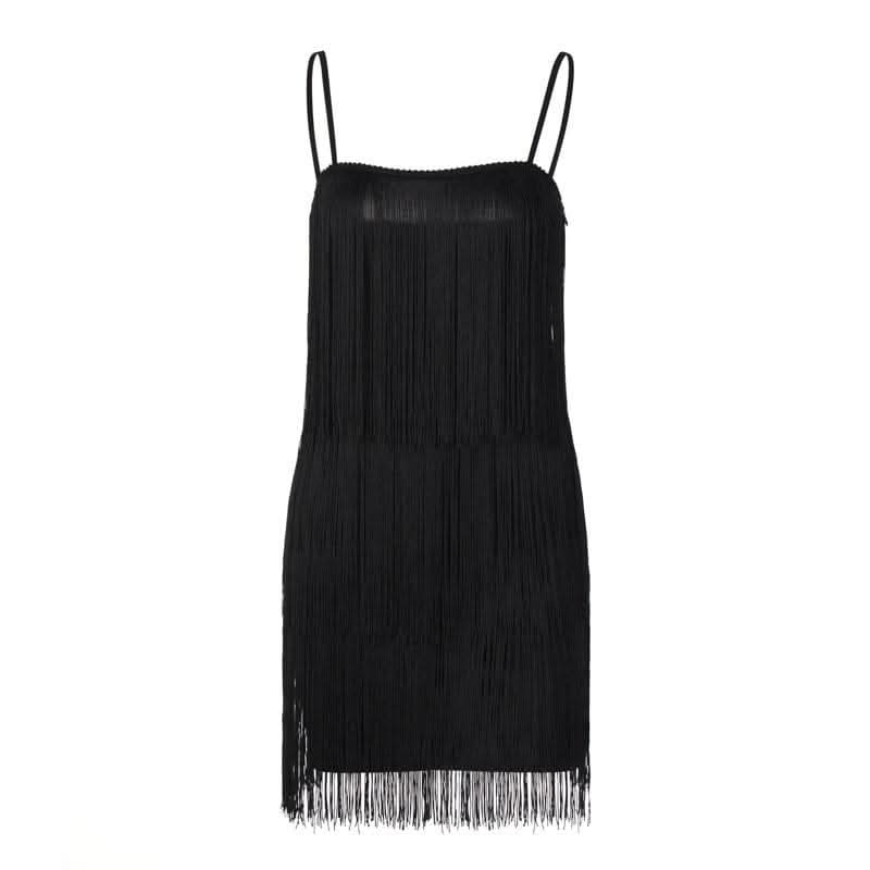 Tassels zip-up solid square neck backless cami mini dress-final-sale