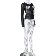 Long sleeve polka dot bowknot mesh crewneck pant set