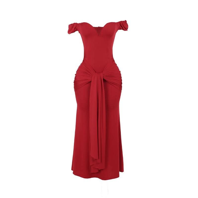 Off shoulder ruched knotted zip-up maxi dress-final-sale