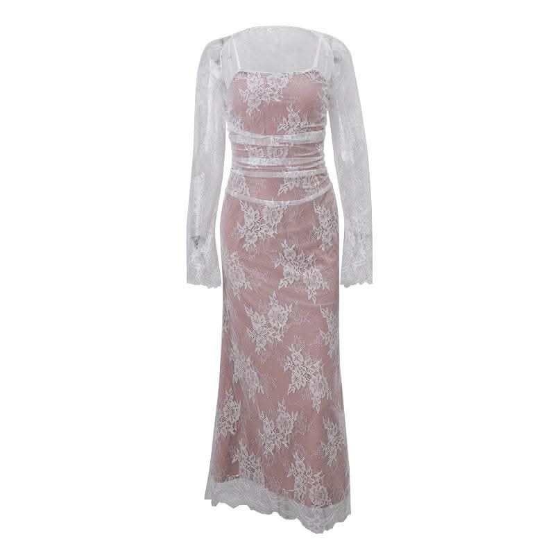 Long sleeve lace ruched shrug lace up 2 piece midi dress-final-sale
