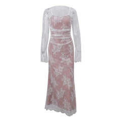 Long sleeve lace ruched shrug lace up 2 piece midi dress-final-sale