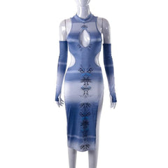 Contrast abstract print hollow out slit gloves cut out midi dress-final-sale