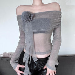 Long sleeve off shoulder flower applique glitter top