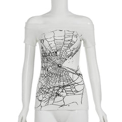 Off shoulder ribbed spider web print top
