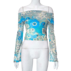 Flower print contrast off shoulder long sleeve mesh top-final-sale