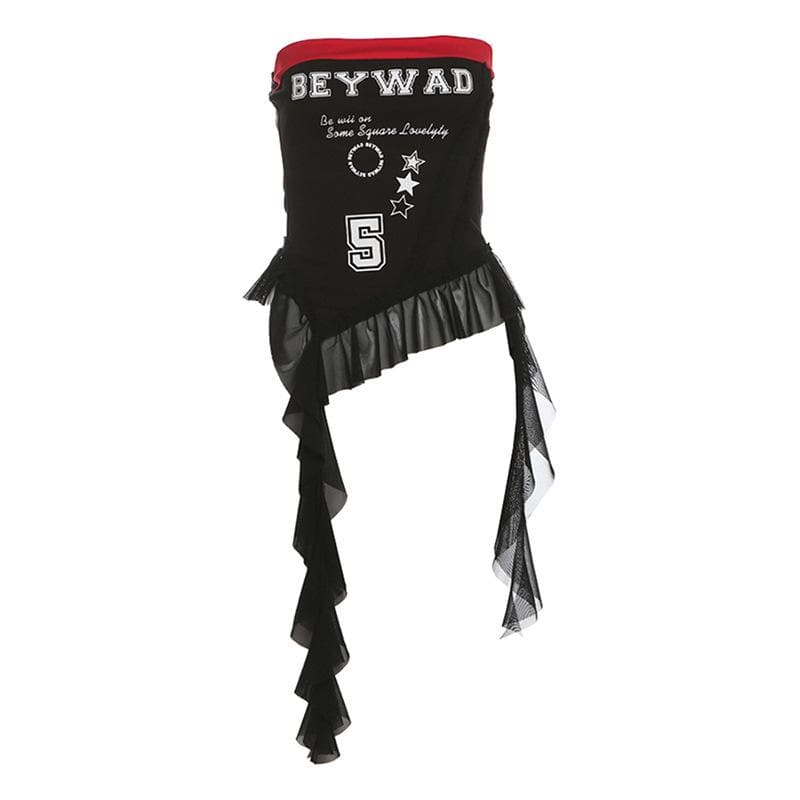 Ribbed “BEYWADâ€?print patchwork ruffle tube top
