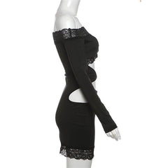 Long sleeve off shoulder lace hem hollow out cut out mini dress-final-sale