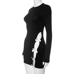 Long sleeve bowknot hollow out crewneck mini dress-final-sale