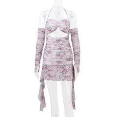 Halter hollow out lace hem flower print gloves cut out mini dress
