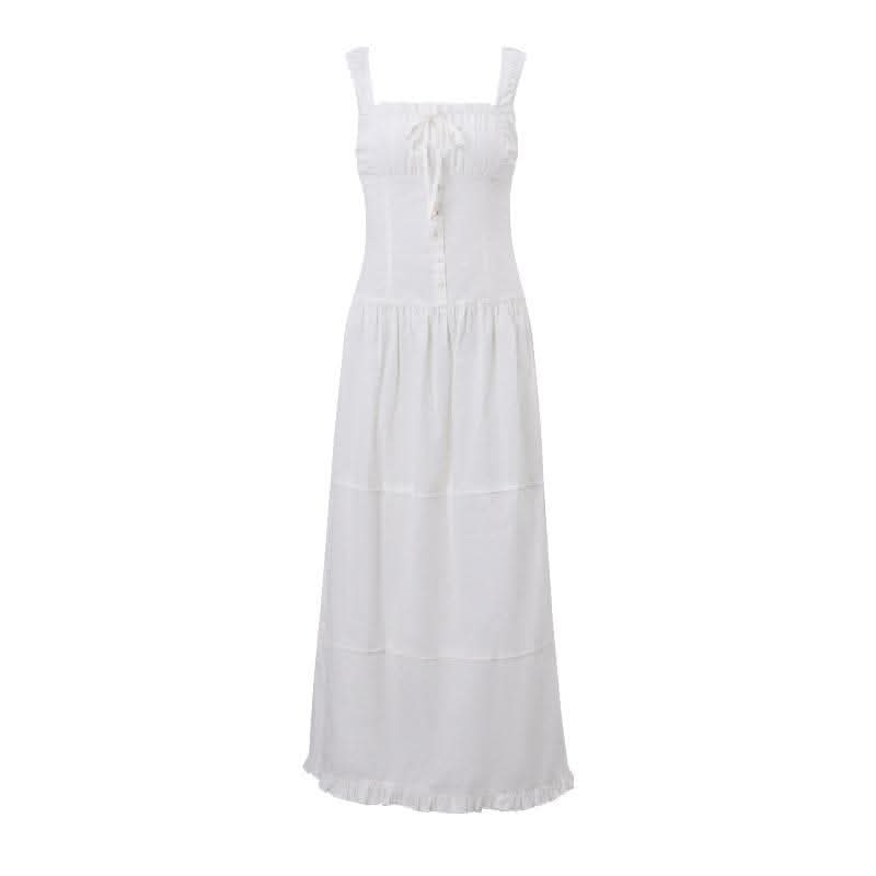 Ruched button square neck sleeveless smocked ruffle midi dress-final-sale