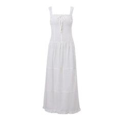 Ruched button square neck sleeveless smocked ruffle midi dress-final-sale