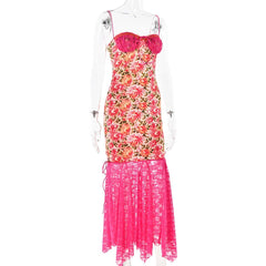 Lace patchwork ruffle knotted print cami midi dress