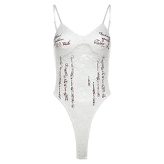 Lace v neck letter print button cami bodysuit