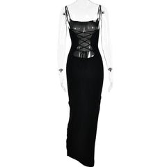 Lace up square neck slit solid backless cami maxi dress-final-sale