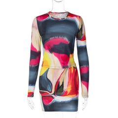 Long sleeve tie dye round neck mini skirt set-final-sale