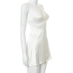 Lace hem satin ruched hollow out backless cami cut out mini dress-final-sale