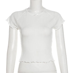 Short sleeve textured bowknot ruffle top
