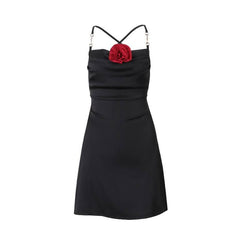 Cross back flower applique self tie mini dress
