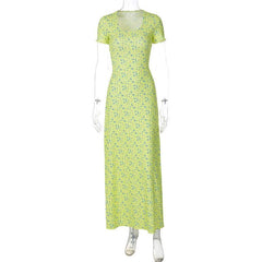 U neck flower print lace up maxi dress