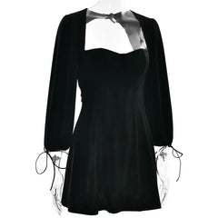 Long sleeve sweetheart neck velvet hollow out cut out mini dress