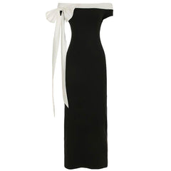 Bowknot off shoulder irregular contrast maxi dress