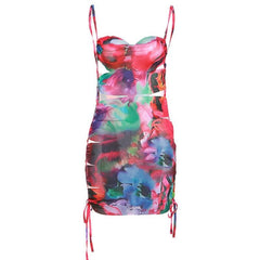 Hollow out flower print drawstring contrast cami cut out mini dress