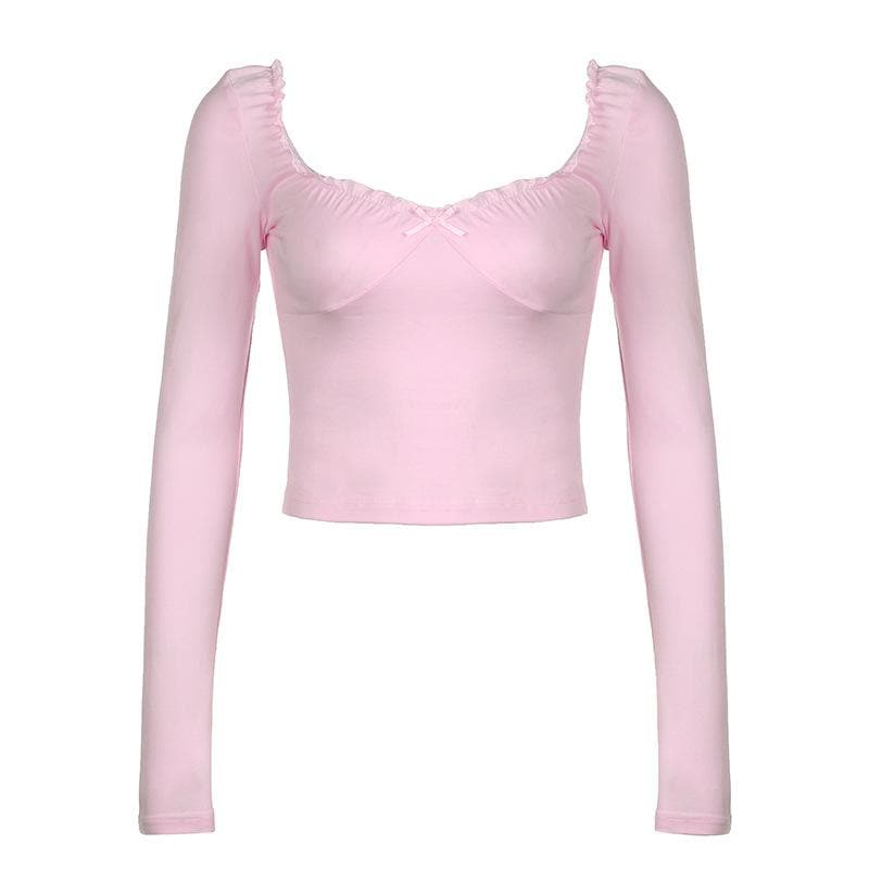 Long sleeve bowknot sweetheart neck ruffle top