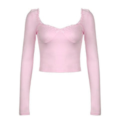 Long sleeve bowknot sweetheart neck ruffle top