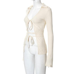 Turnover collar solid long sleeve self tie v neck crop top-final-sale
