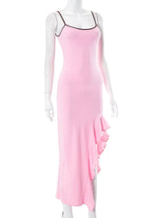 Irregular ruffle backless solid u neck cami maxi dress-final-sale